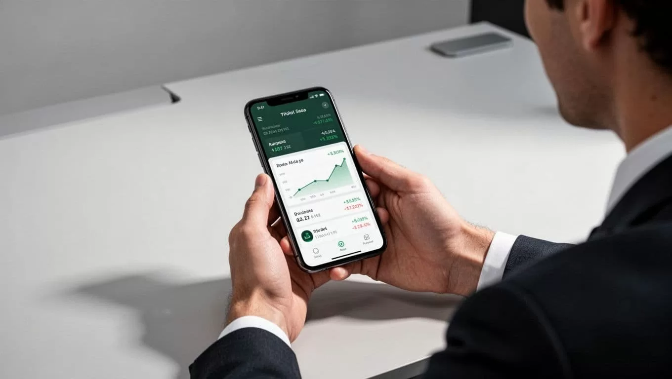 A smartphone on a desk shows a secure financial app beside one person's hand.