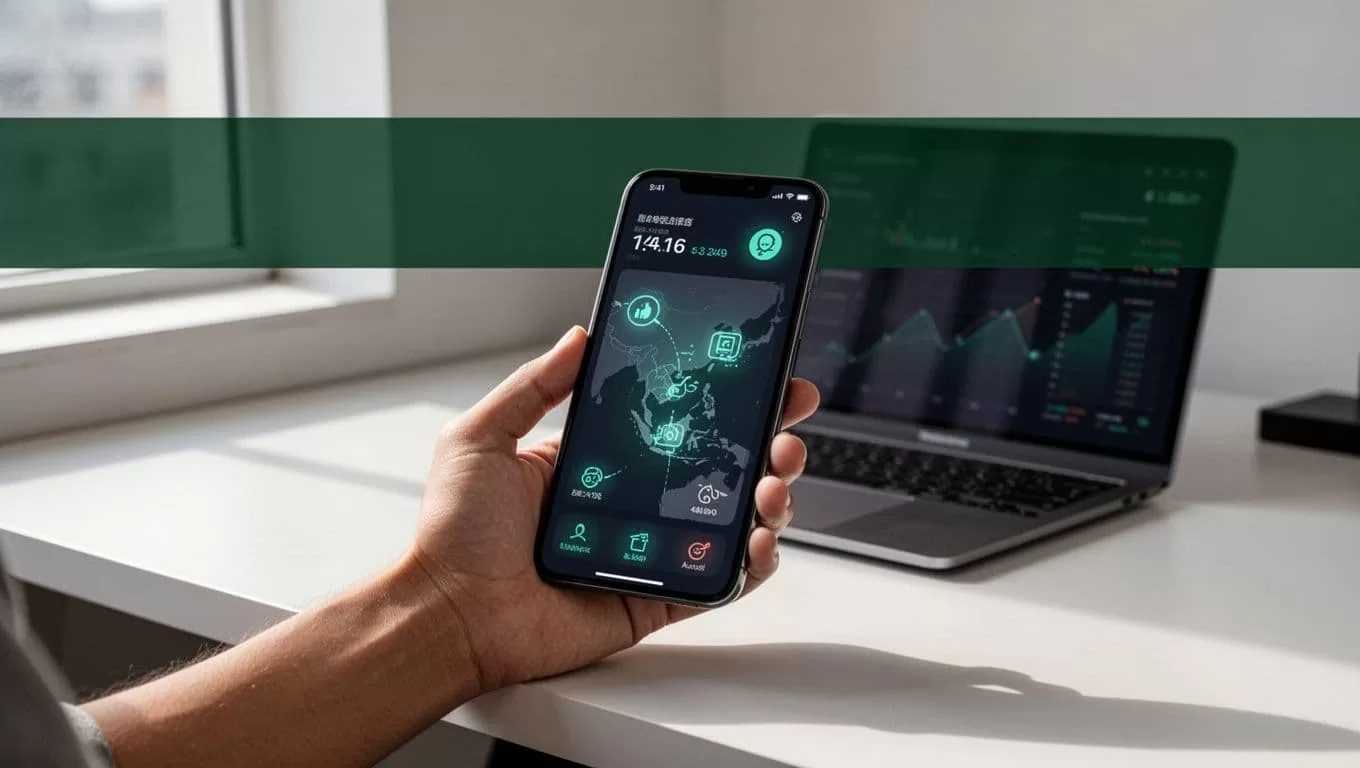 Smartphone showing a money transfer dashboard on a modern desk.