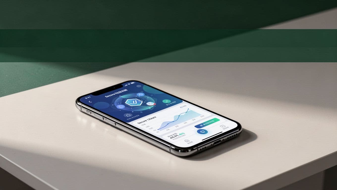 Smartphone showing a financial app beneath a dark-green Secure Transfer headline.