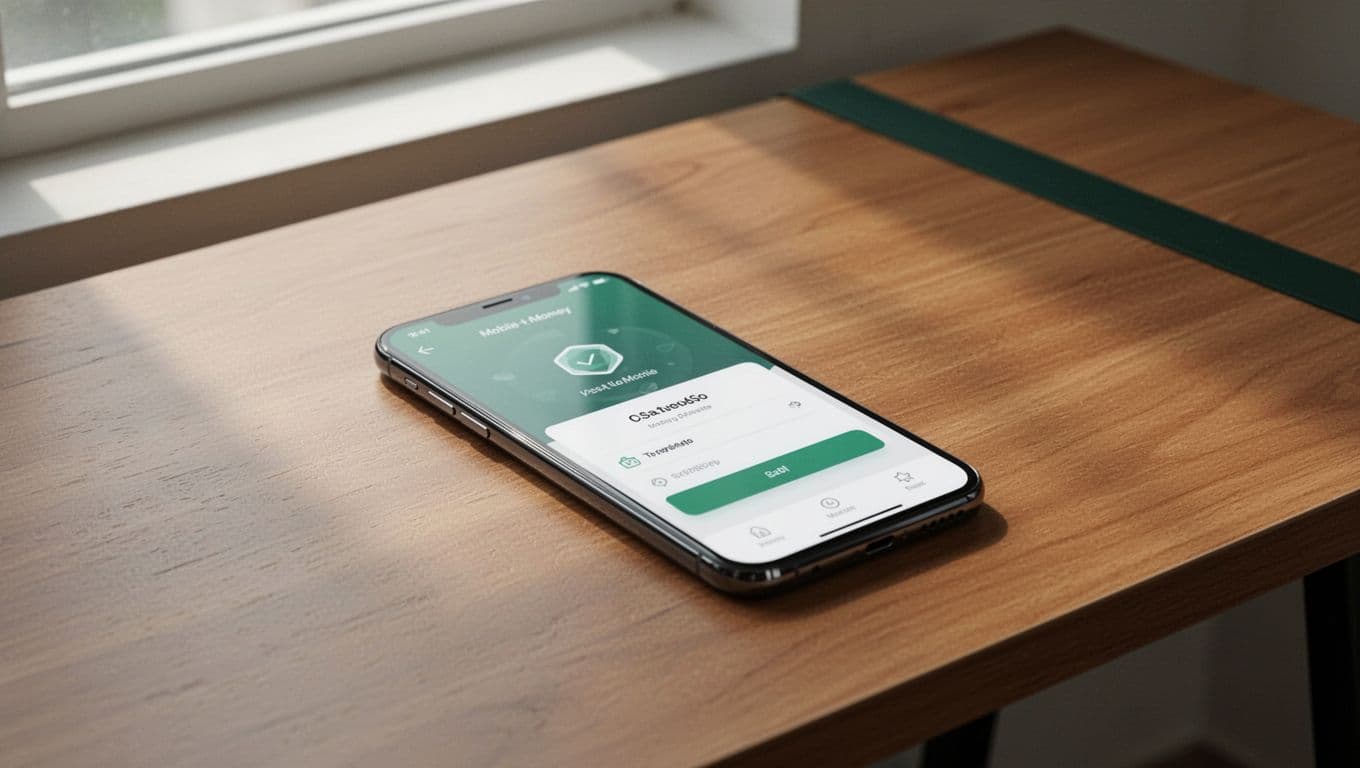 A smartphone showing a secure transfer screen on a wooden desk.