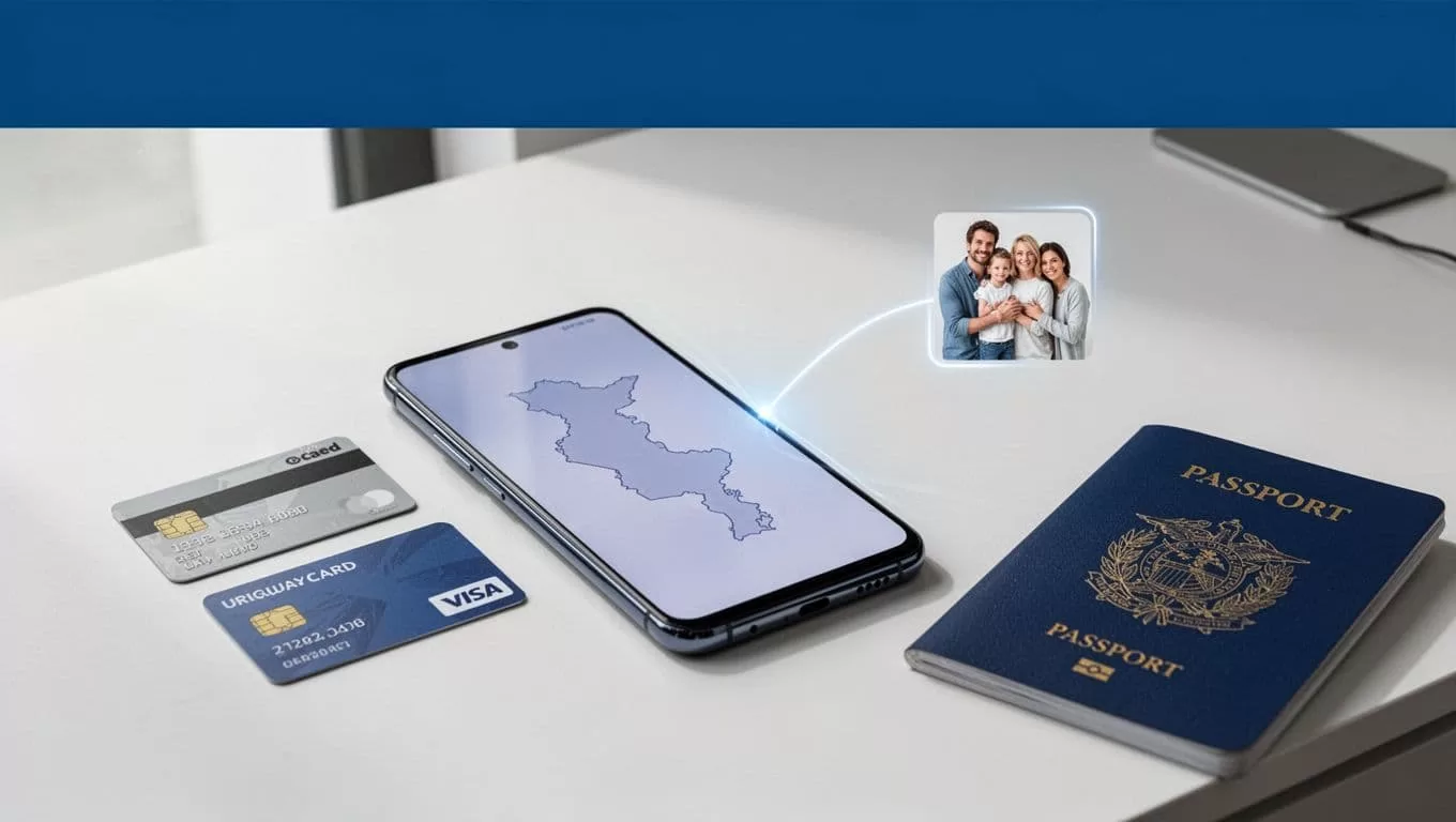A phone, payment card, and passport arranged on a desk for a secure transfer to Uruguay.