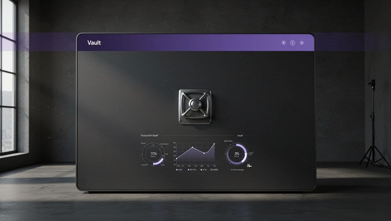 Minimalist indigo dashboard with a bold Secure Vault headline.