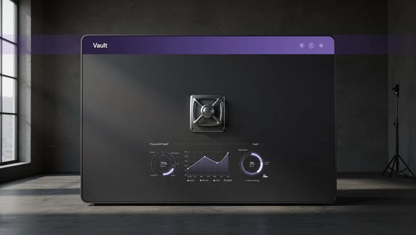 Minimalist indigo dashboard with a bold Secure Vault headline.