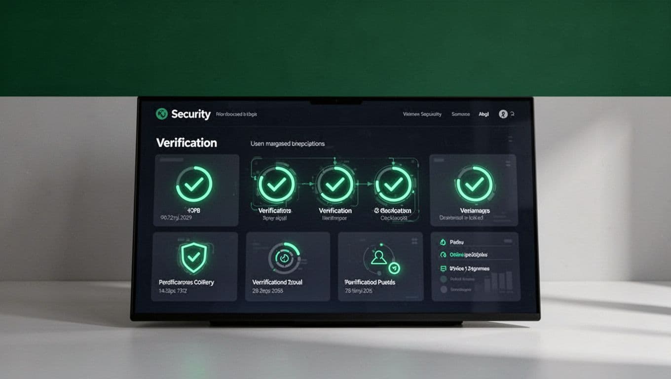 Security dashboard with verification checkpoints beneath a dark-green headline band.