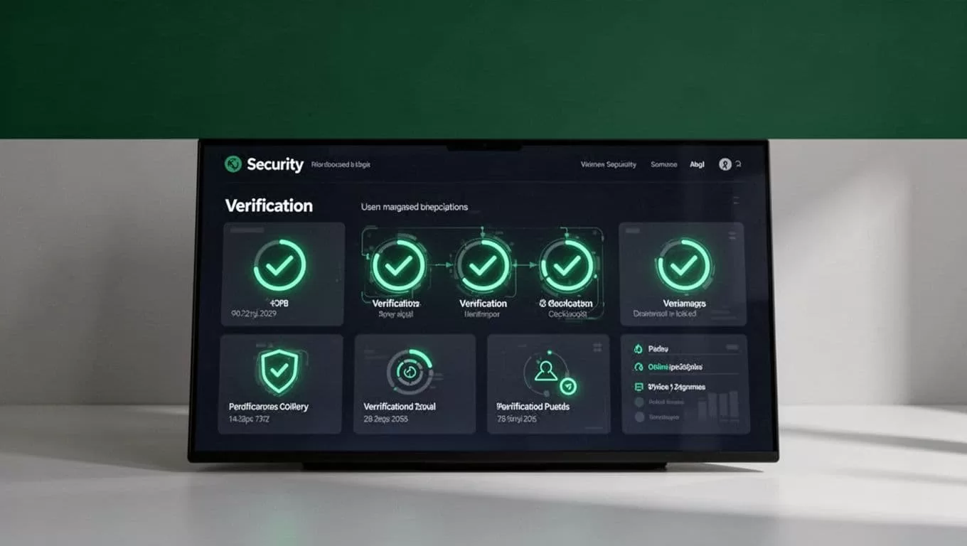 Security dashboard with verification checkpoints beneath a dark-green headline band.