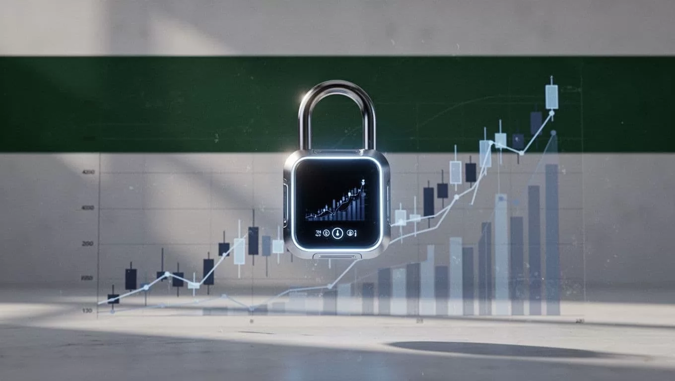 A digital lock over financial charts beneath a dark green Security Steps banner.