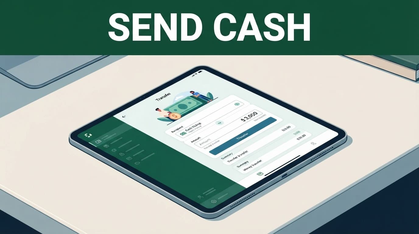 Digital cash transfer interface on a desk beneath a bold green SEND CASH banner.
