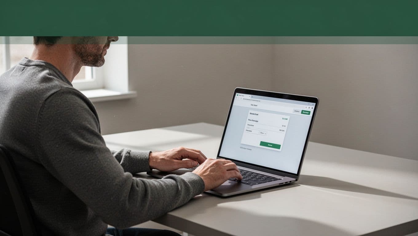 Person setting up a cash transfer at a clean desk under a green headline band.