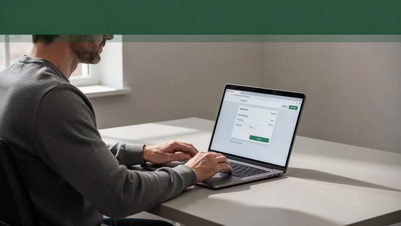 Person setting up a cash transfer at a clean desk under a green headline band.