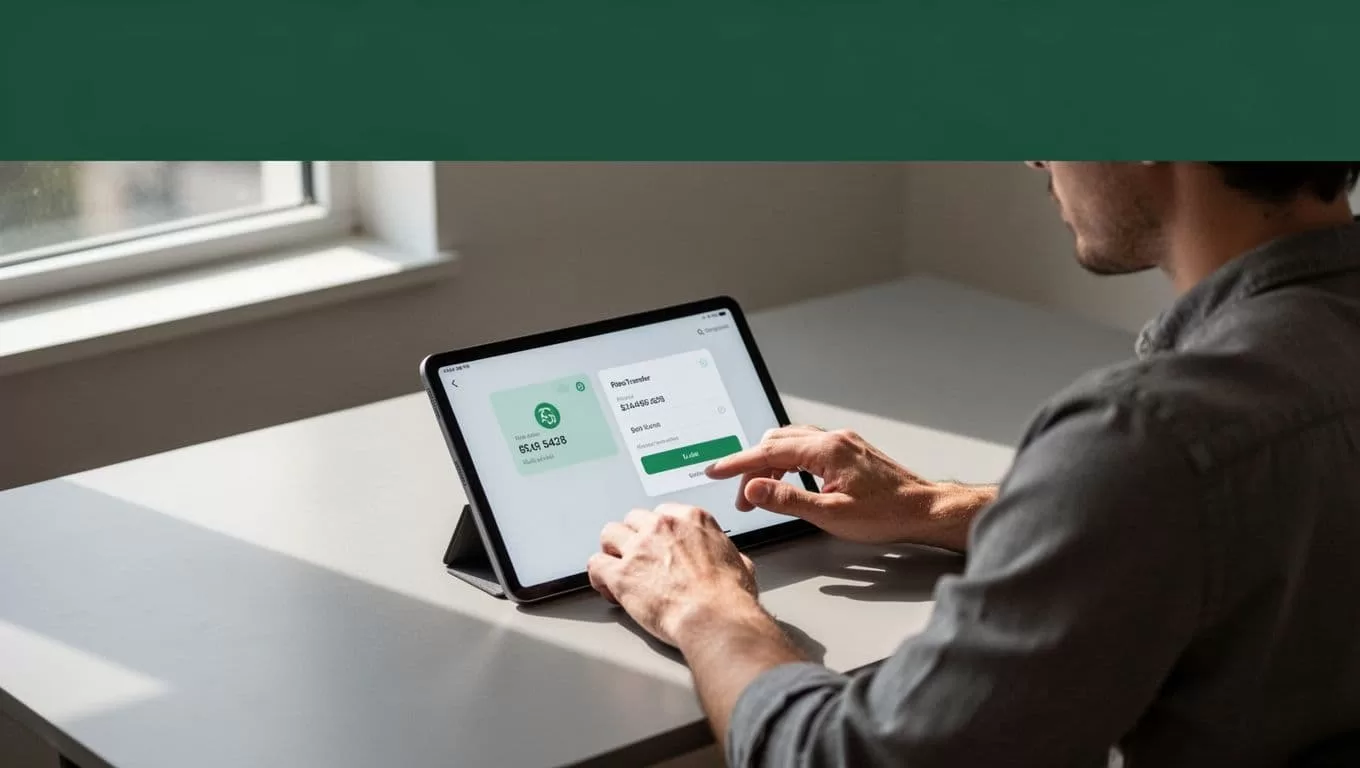 A person above a minimalist digital money transfer interface and dark-green Send Funds banner.