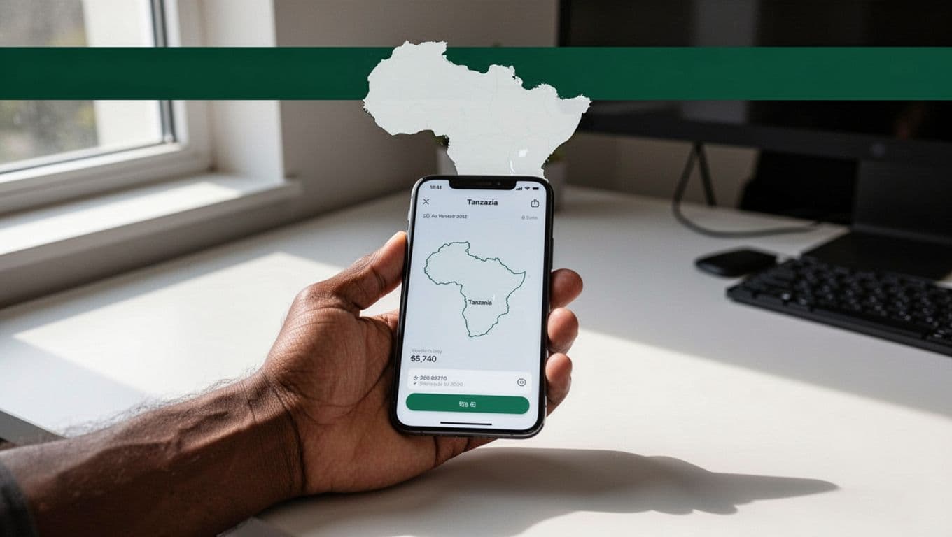 Smartphone and Tanzania map illustrate sending money online.