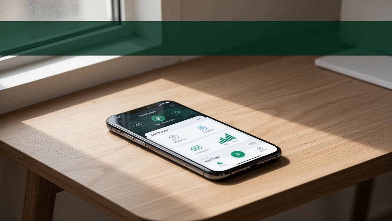 A smartphone with a money transfer app sits on a wooden desk below a green Send Money banner.