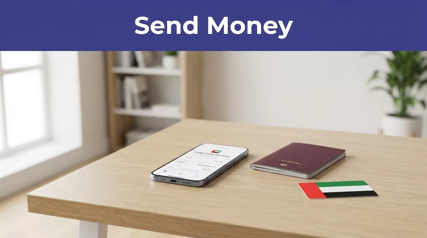 A smartphone, passport, and UAE-colored card sit beneath a Send Money banner.