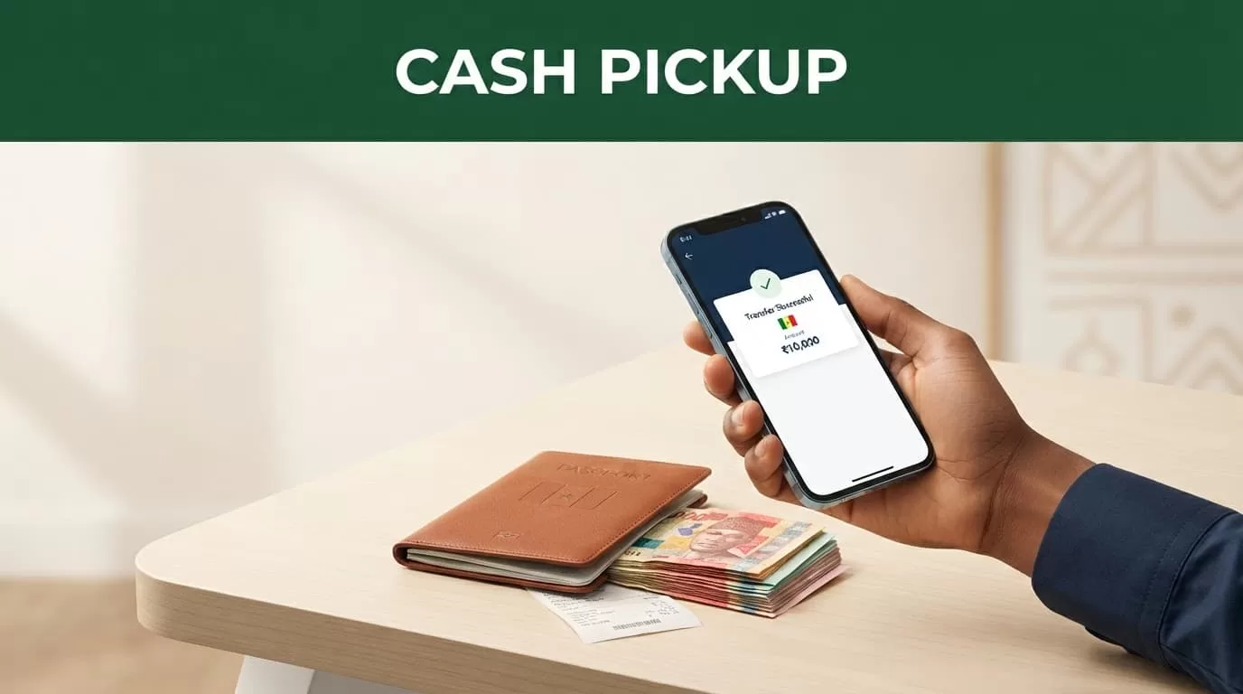 Minimalist remittance graphic with a dark green payout header.