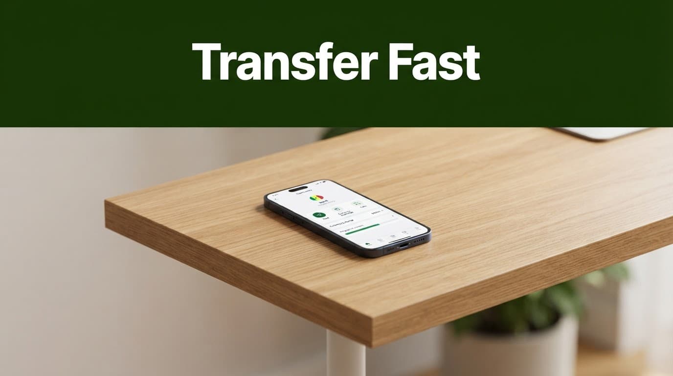 A smartphone on a wooden desk beneath a green Transfer Fast banner.