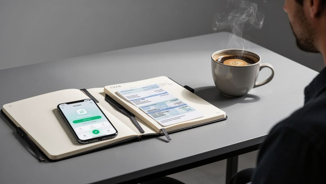 Smartphone with a money transfer app beside a notebook and coffee on a modern desk.