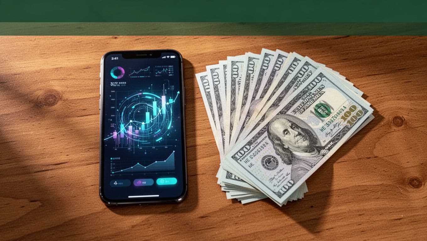 A smartphone, cash, and banking symbols on a wooden table under a green Payout Options banner.