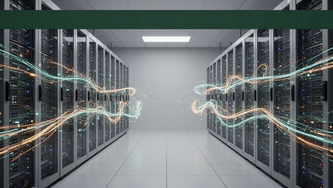 Symmetrical server racks with data-flow accents beneath a dark-green headline band.