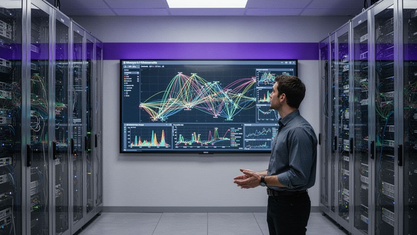 One operator views network graphs on a large screen in a modern server room.