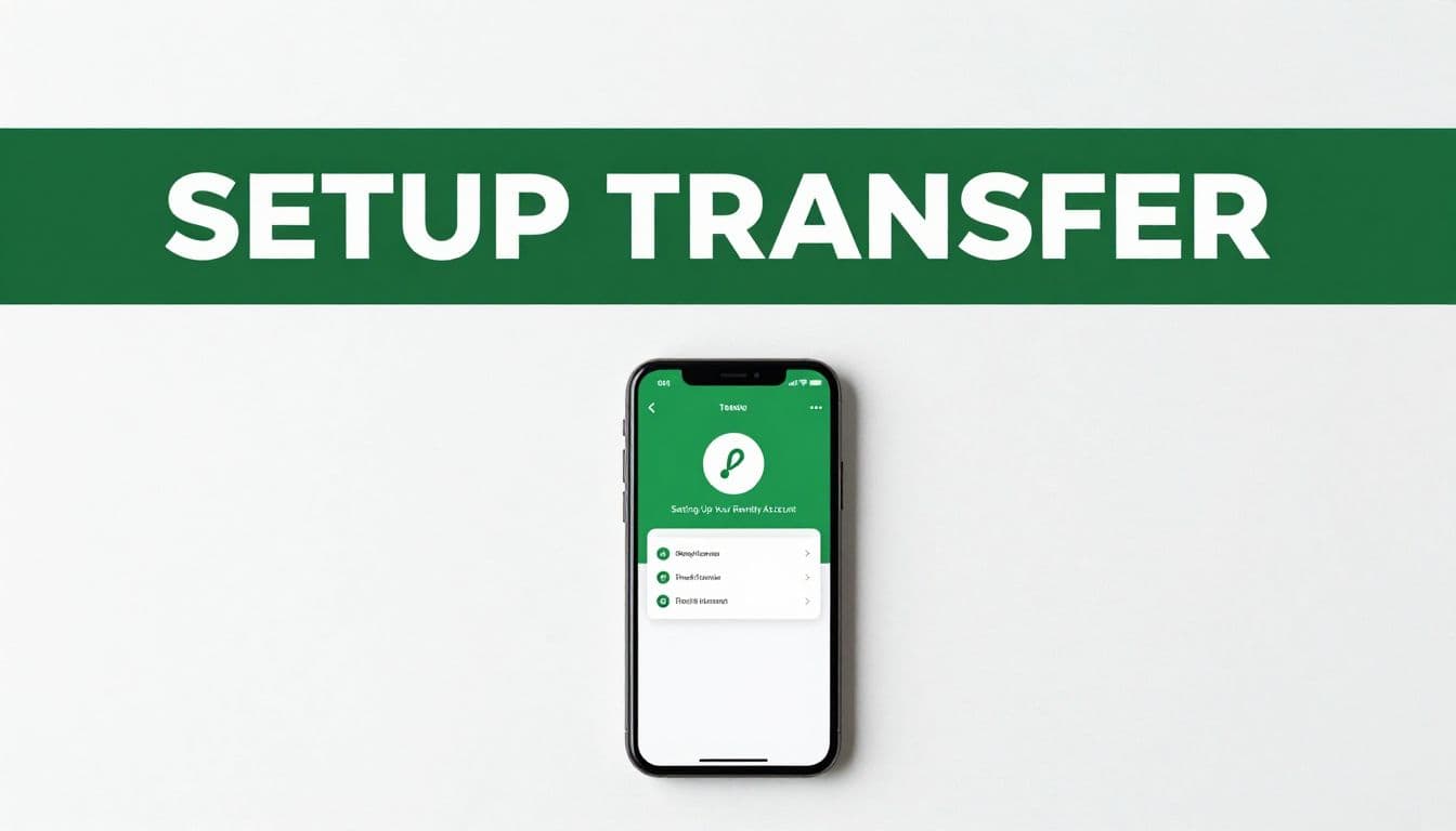 A hand holds a smartphone with a transfer app on a modern desk.