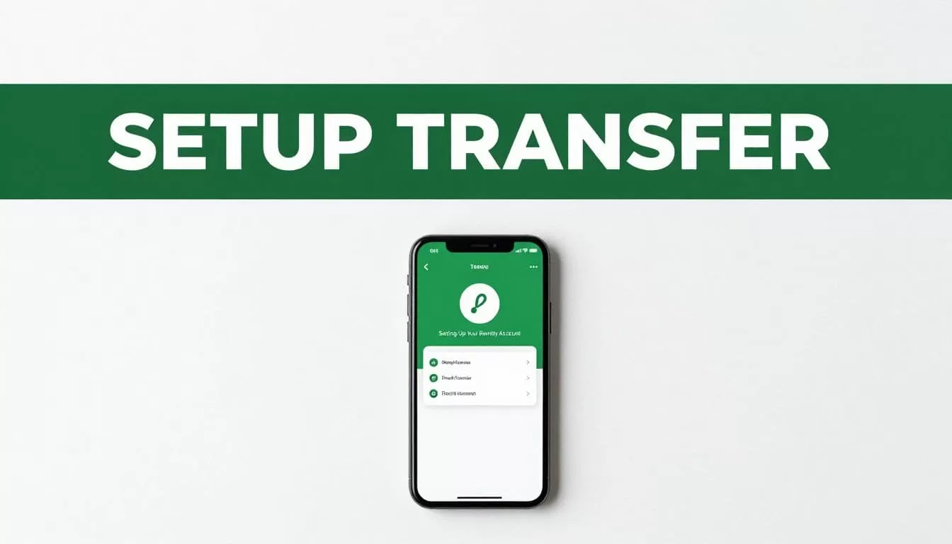 A hand holds a smartphone with a transfer app on a modern desk.