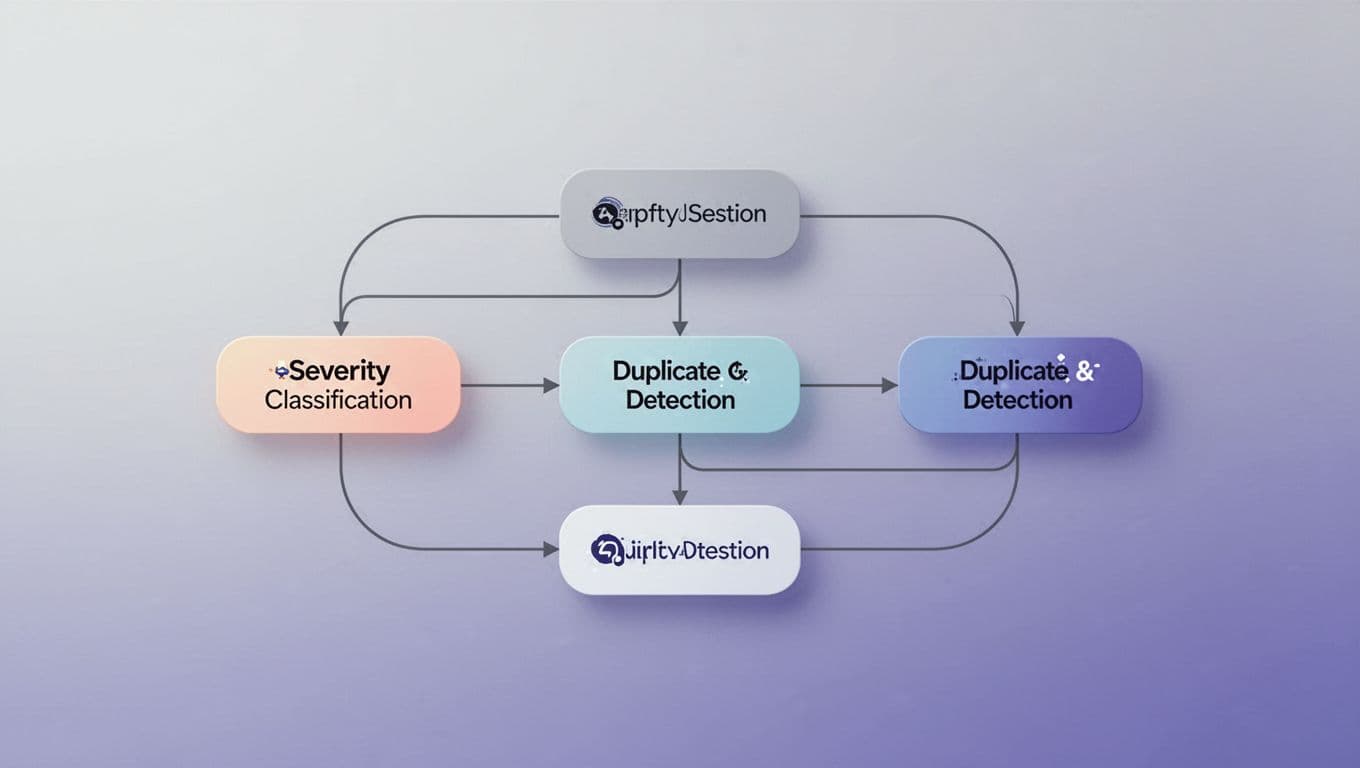 Workflow diagram routing bug logs by severity and duplicate status.