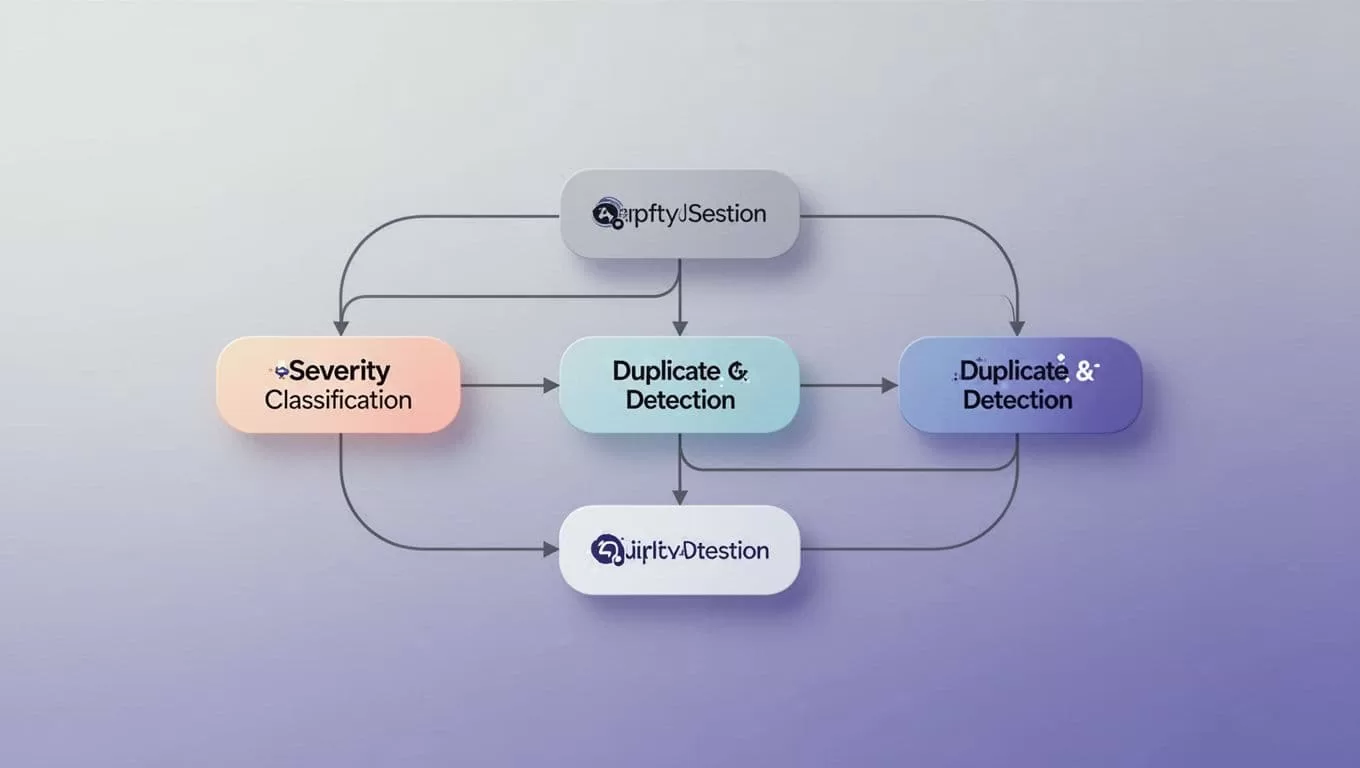 Workflow diagram routing bug logs by severity and duplicate status.
