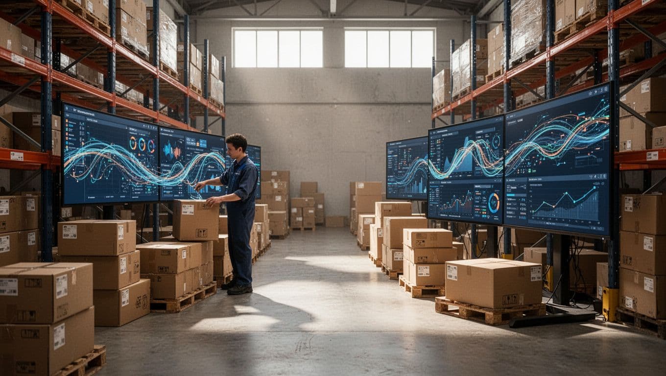 Shipping boxes sit beneath screens showing automated logistics data.
