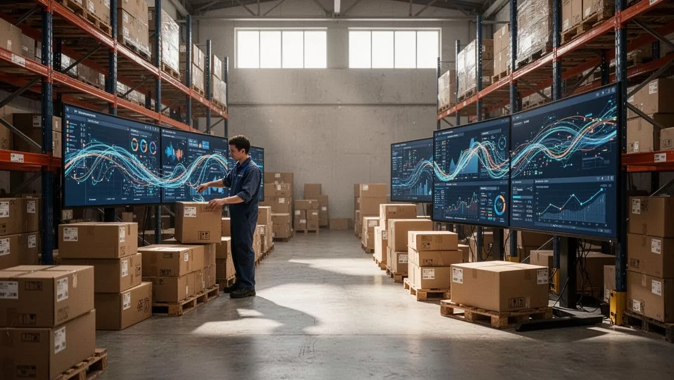Shipping boxes sit beneath screens showing automated logistics data.