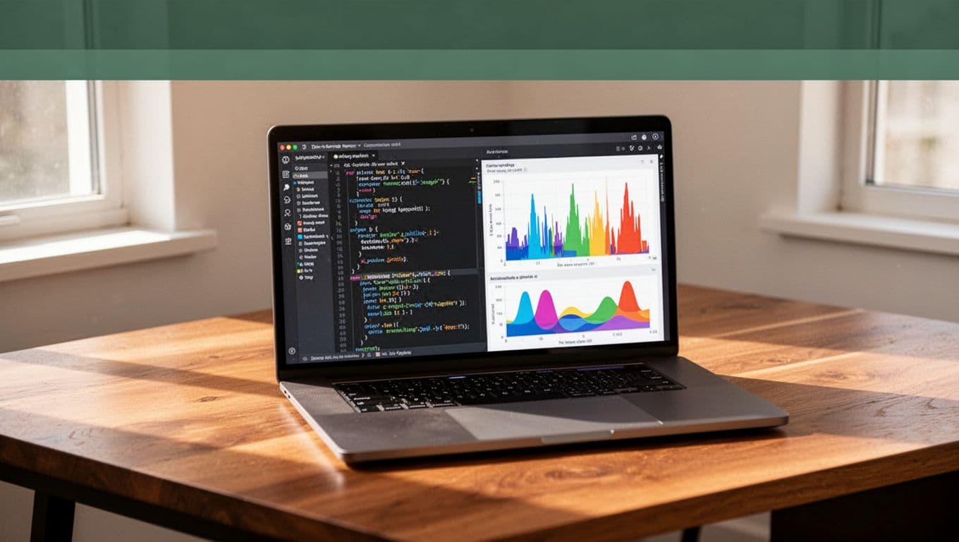 Laptop showing code and data charts beneath a dark-green Signal Agent banner.