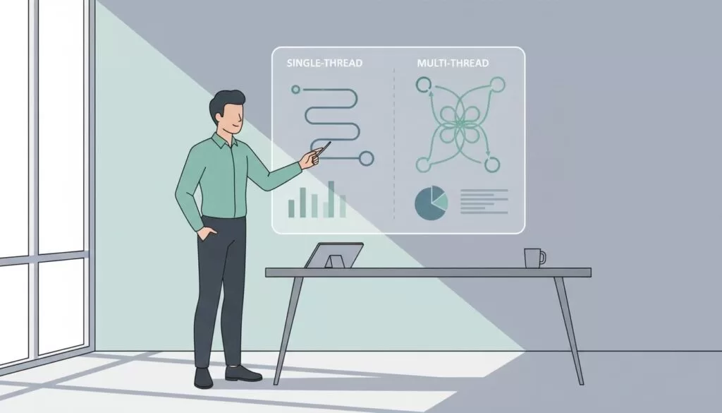 Modern illustration of a sales representative pointing to a screen displaying a comparison chart of single-thread versus multi-thread sales approaches in a clean desk setup.