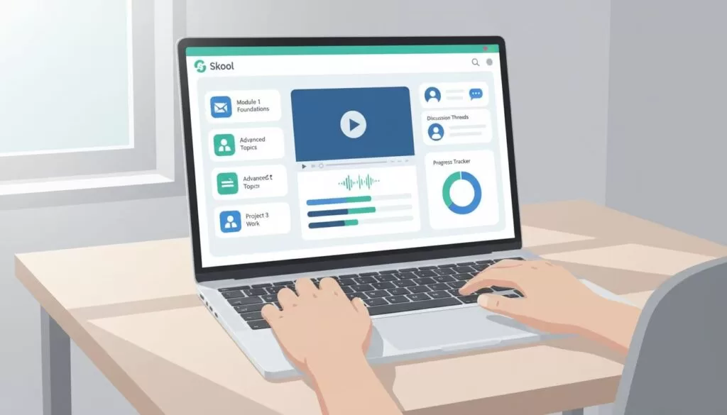 Modern illustration in clean shapes and controlled blues-greens palette depicting Skool classroom interface with organized course modules, video players, discussion threads, and progress trackers on a laptop screen in a simple office setting.