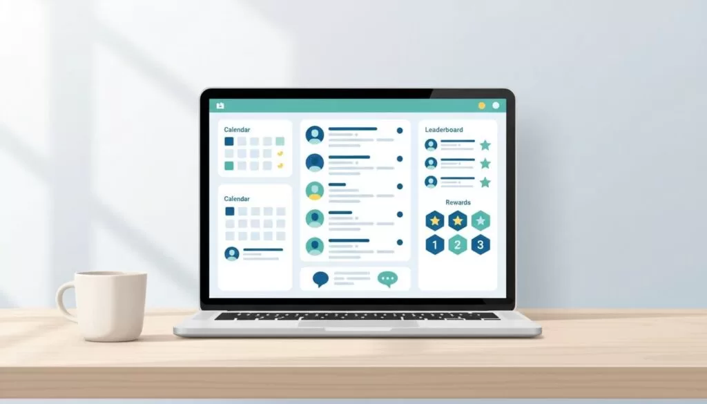 Modern illustration of a vibrant online community dashboard on a laptop screen, featuring activity feeds, leaderboards, rewards badges, calendar events, and user chats; laptop on a desk with coffee mug, blue-green palette, no people or text.