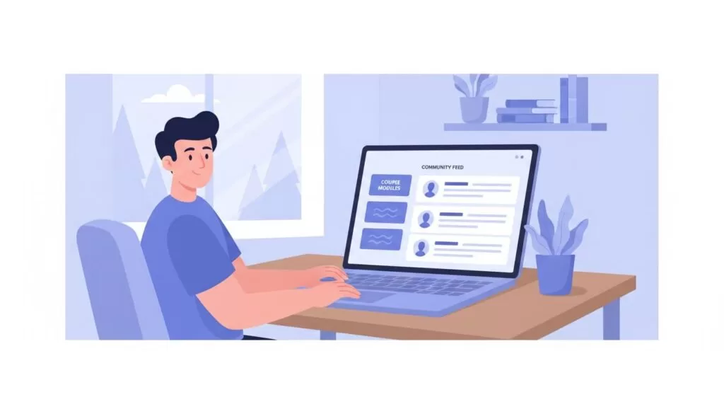 A creator sets up a Skool community dashboard on a laptop in a cozy home office. Screen displays simple course modules and community feed with relaxed hands on keyboard.