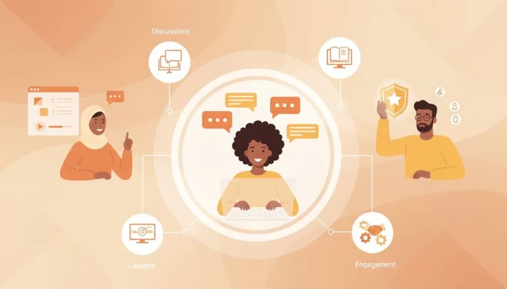 Modern illustration of three diverse community members interacting virtually: one posting in chat, one viewing course lesson, one earning badge points, with floating icons for discussions, lessons, and engagement in a collaborative online setting.