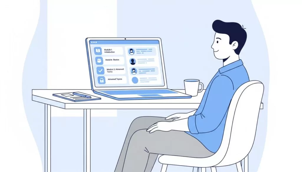 Clean illustration of Skool dashboard on laptop screen displaying course modules and active community chat feed, with relaxed person at simple desk.