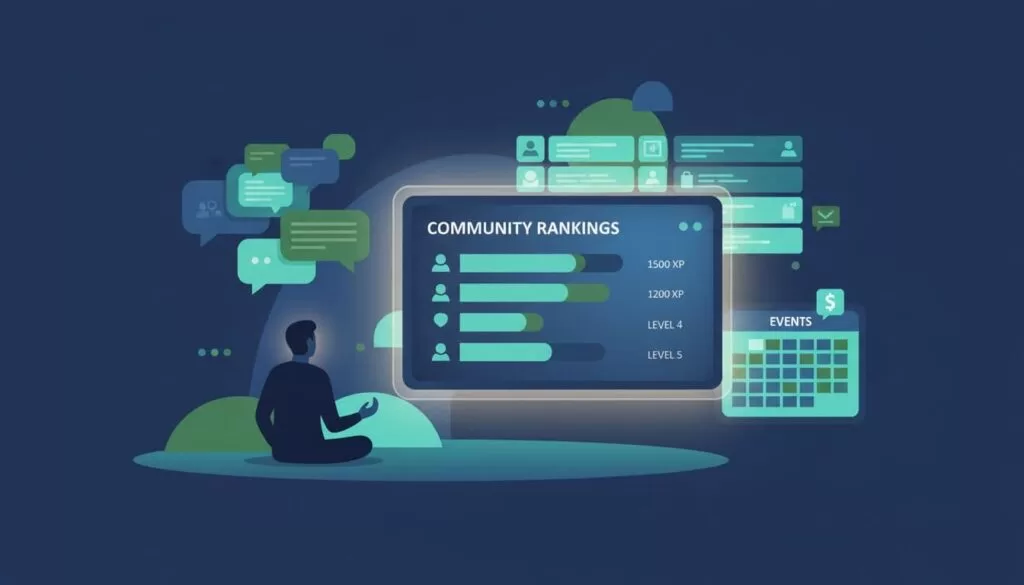 Modern illustration in blues and greens showing a Skool community leaderboard with ranks, points, and levels, chat bubbles, events calendar, and course modules in the background, viewed by one distant person.
