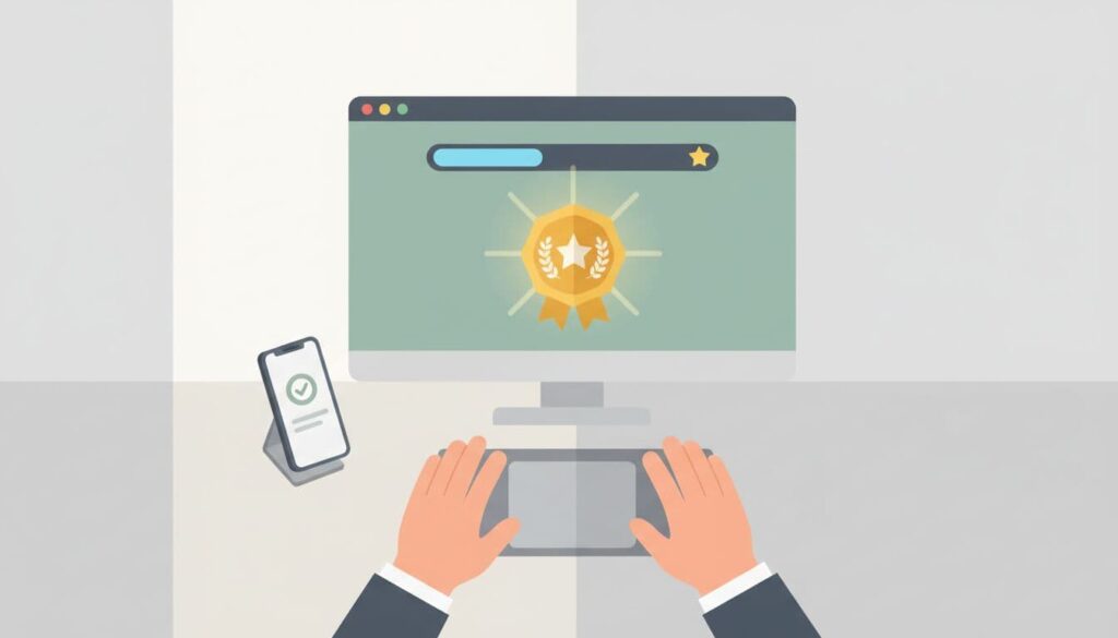 Modern illustration of a user completing a Skool challenge, progress bar filling to milestone with reward badge popping up on phone in simple desk setup, soft natural light, strong central composition.