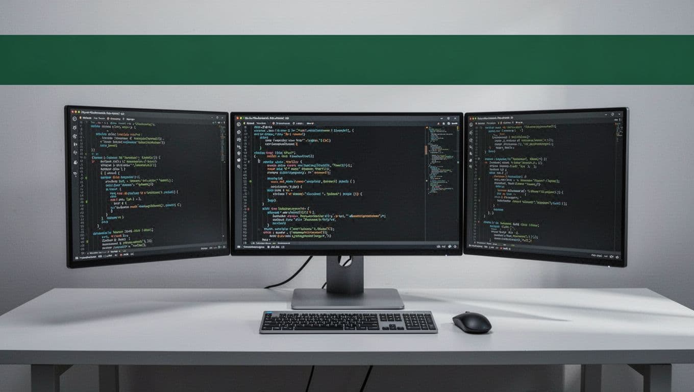Developer monitors display code and deployment dashboards beneath a dark-green headline banner.