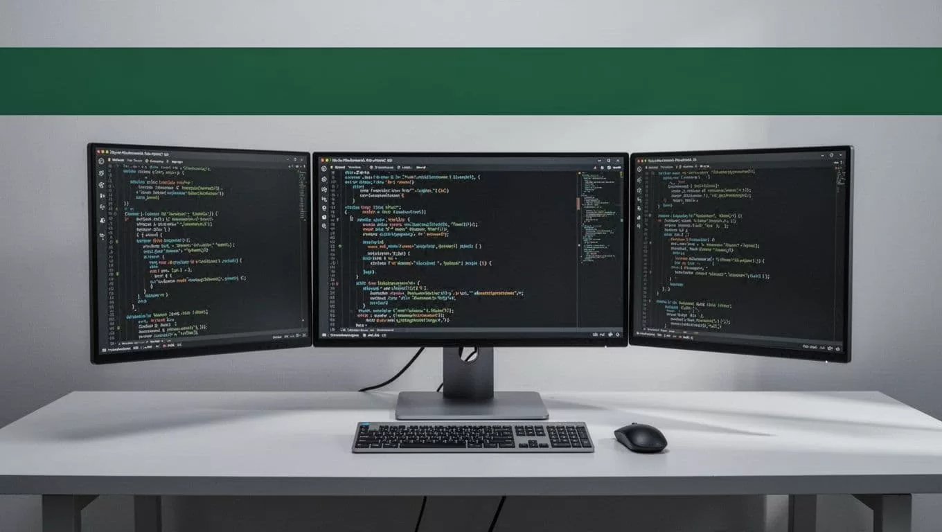 Developer monitors display code and deployment dashboards beneath a dark-green headline banner.