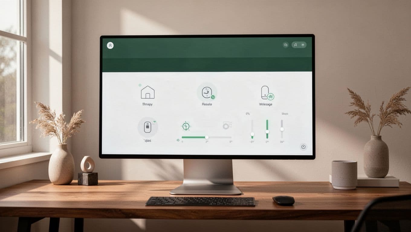 Smart home dashboard on a desk with an Automation Bot header.