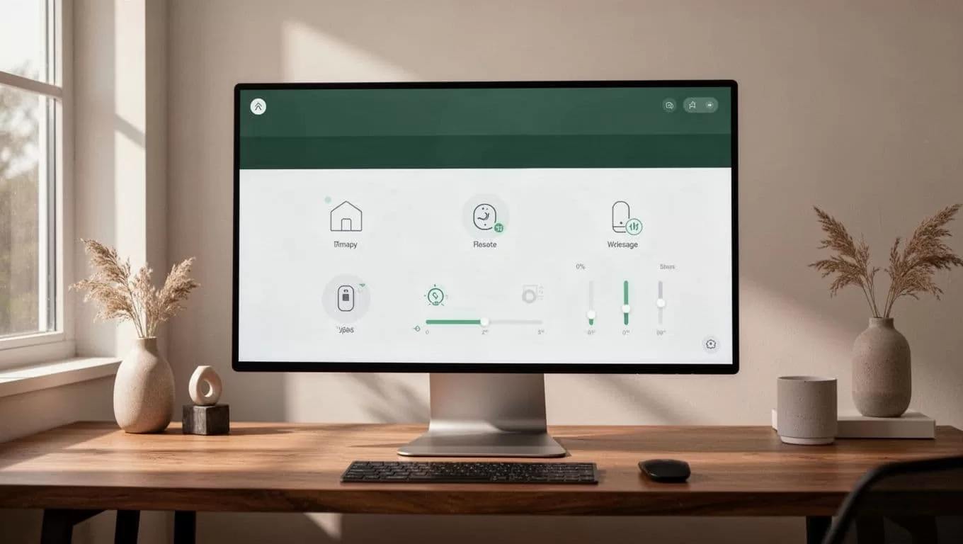 Smart home dashboard on a desk with an Automation Bot header.