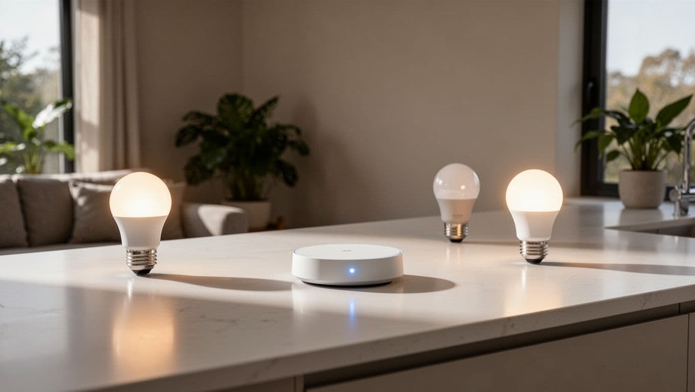 A smart home hub surrounded by connected lights beneath a green banner.