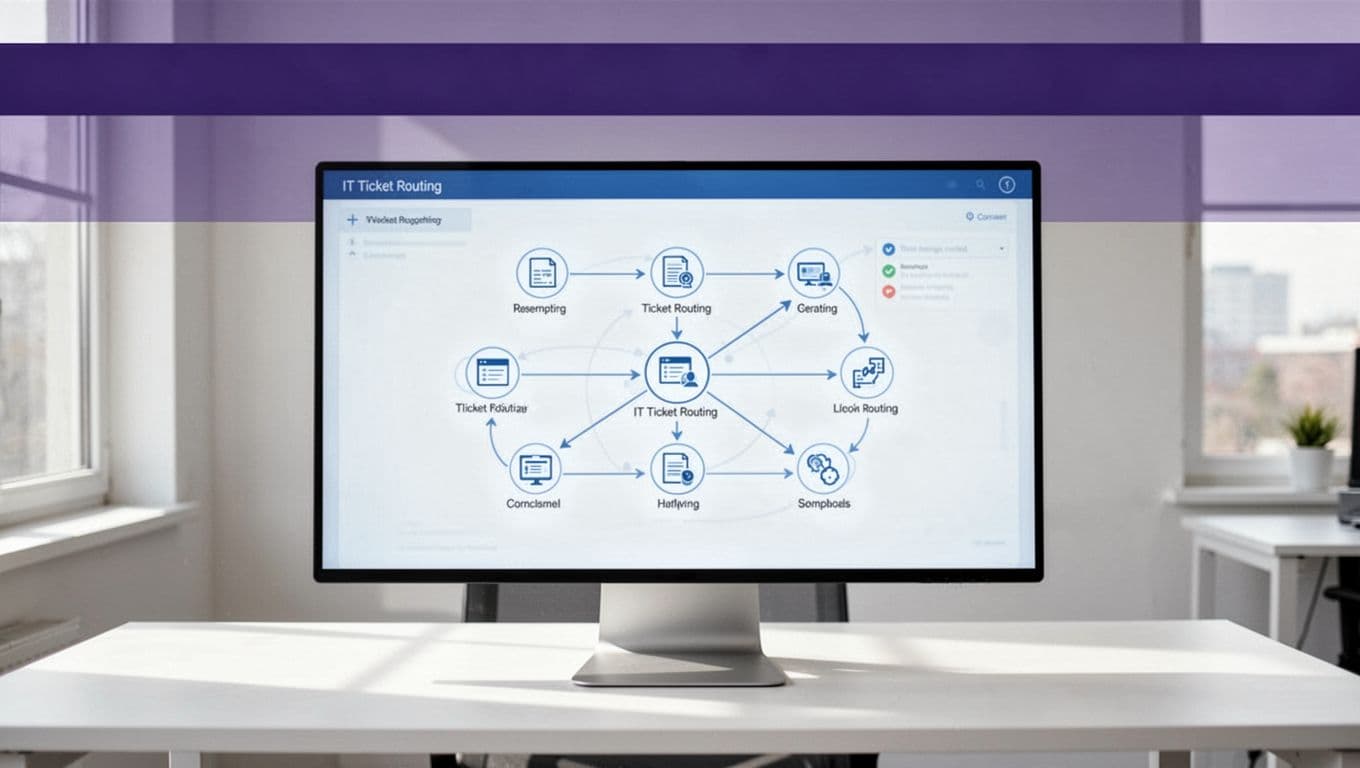 Dashboard showing an automated ticket routing workflow beneath an indigo headline band.