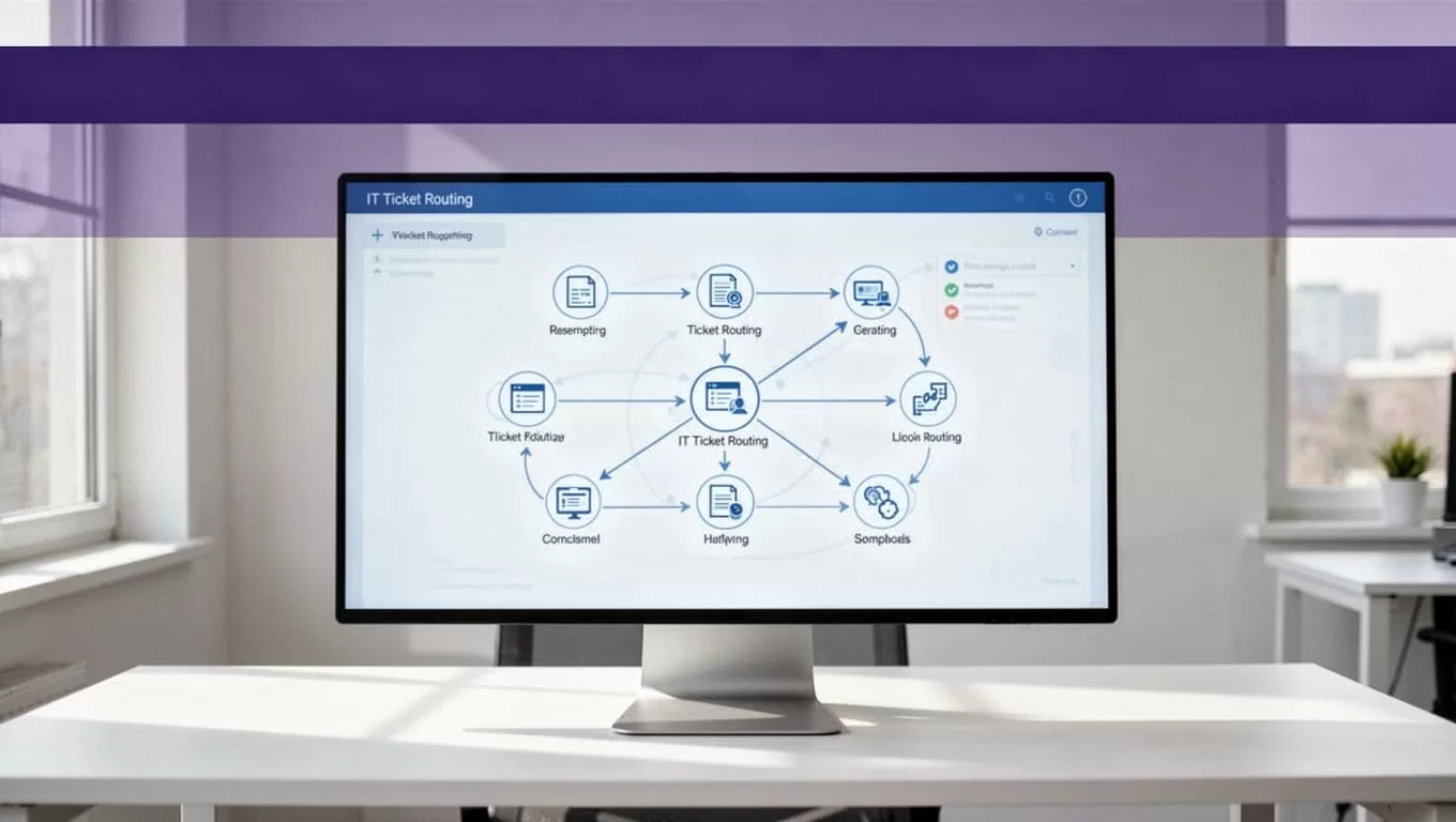 Dashboard showing an automated ticket routing workflow beneath an indigo headline band.