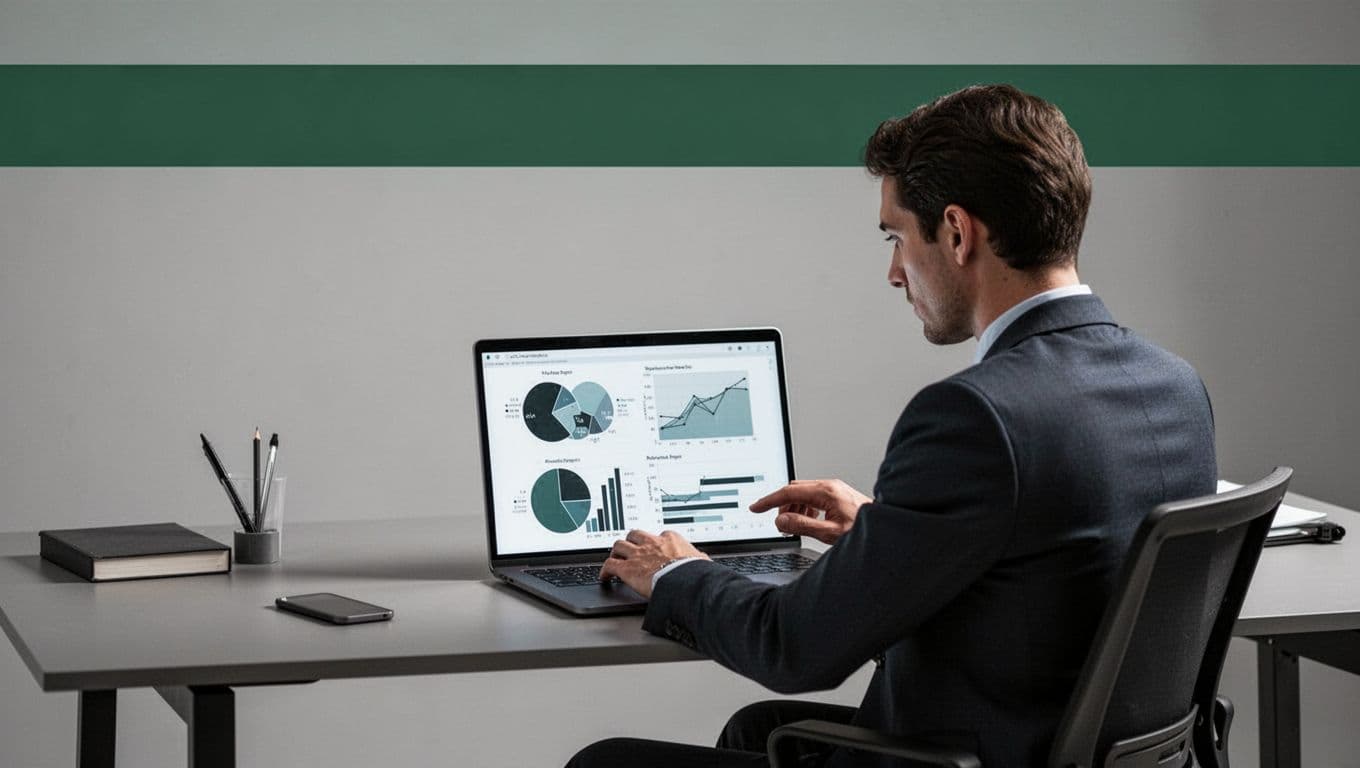 A person works at a desk with a laptop showing abstract charts beneath a green headline band.