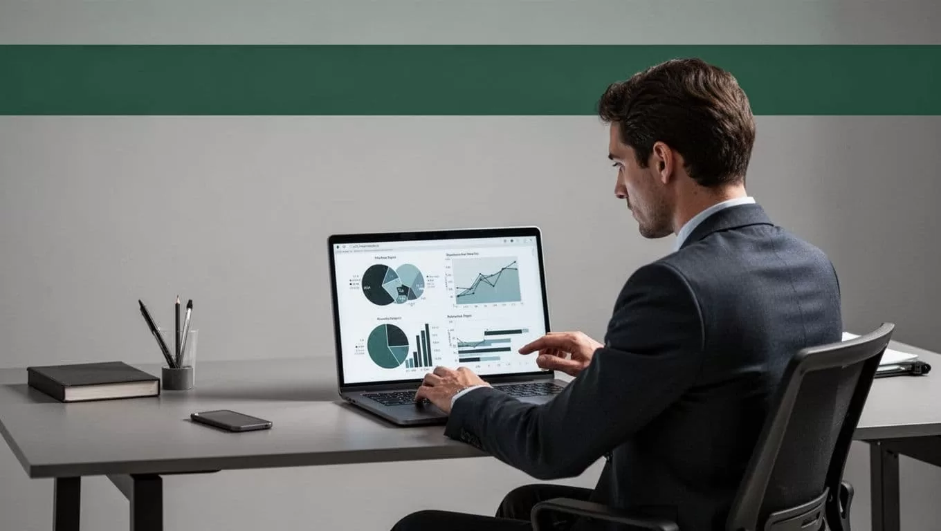 A person works at a desk with a laptop showing abstract charts beneath a green headline band.