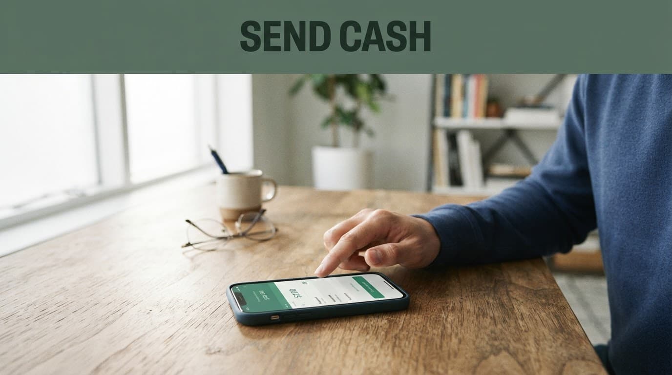A person uses a smartphone for a cash transfer on a wooden desk.