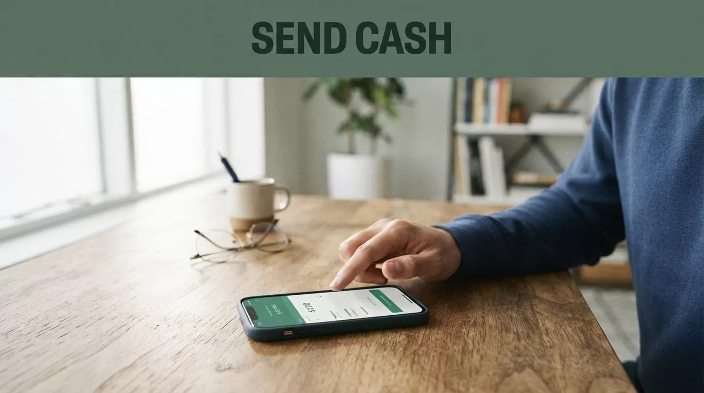A person uses a smartphone for a cash transfer on a wooden desk.