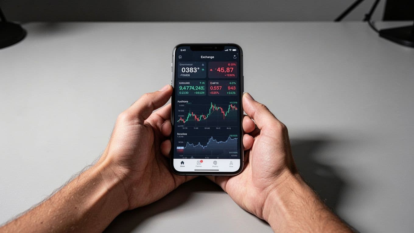 A hand holds a phone showing currency exchange rates on a clean desk.